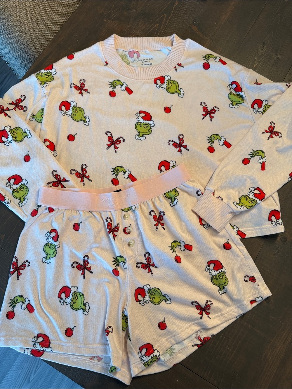 Grinchy American Eagle Pajamas Candy Cane Plush PJ Set Super Soft Like New XS - Picture 3 of 5